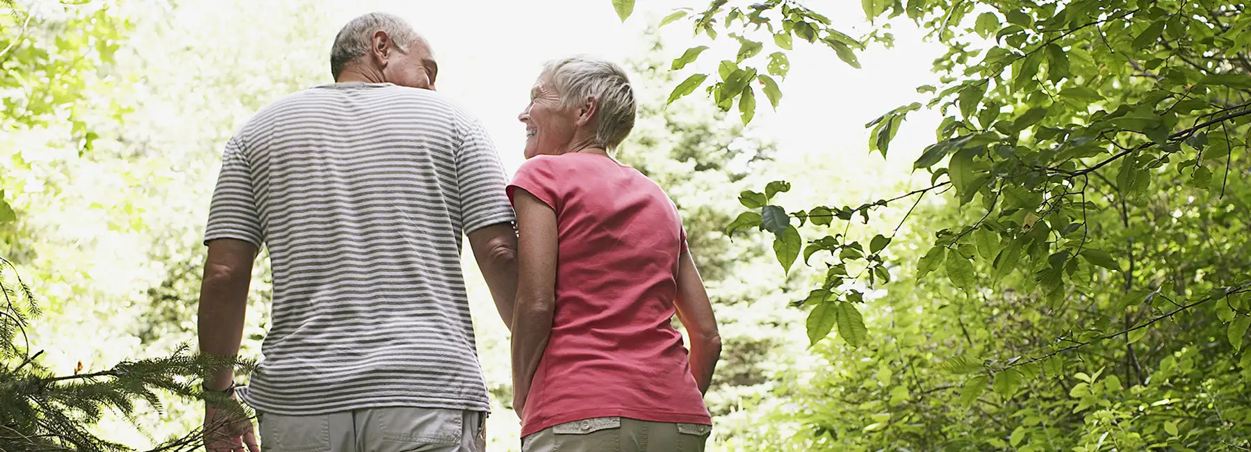 stock photo of older couple walking in woods