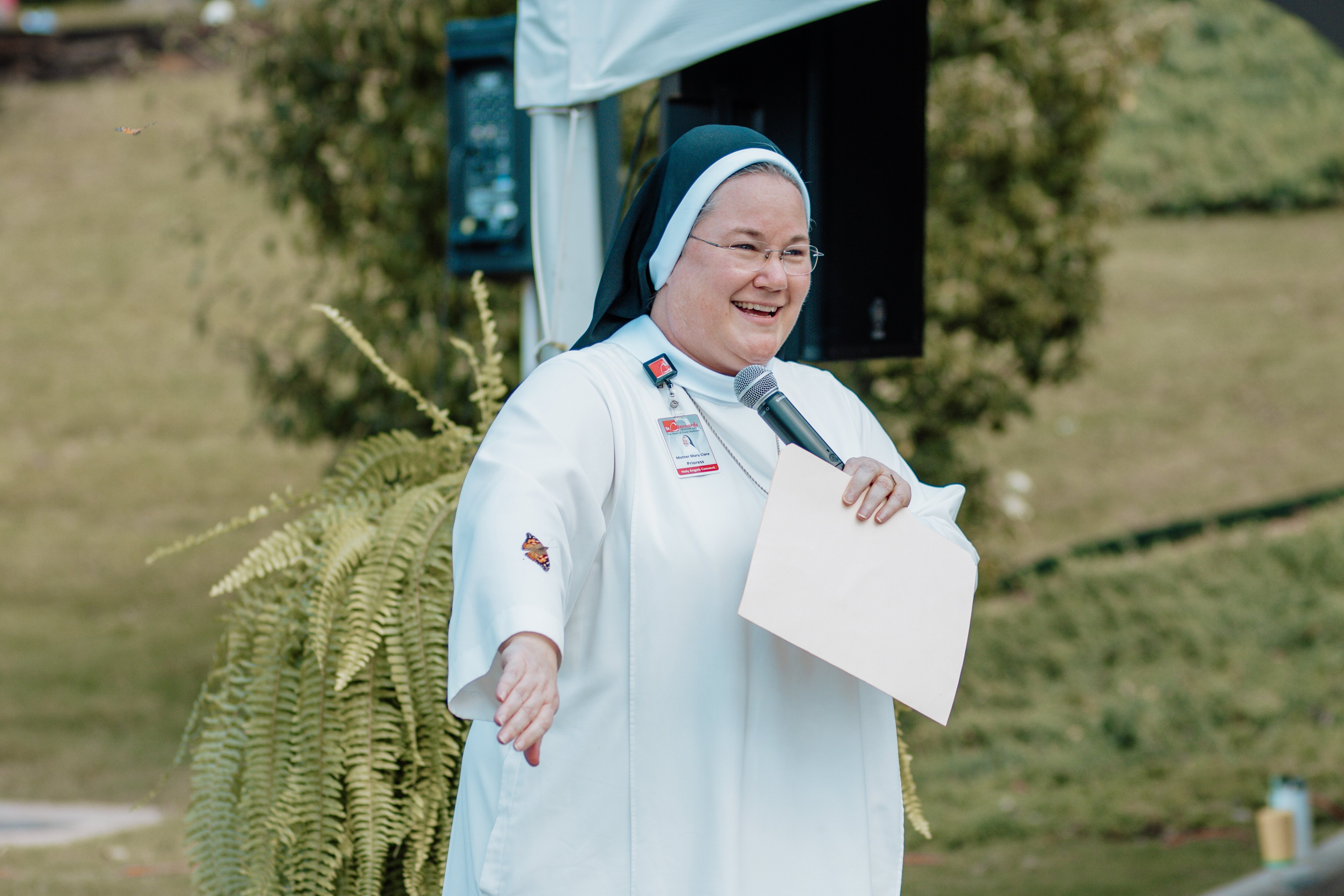 Mother Mary Clare with butterfly on arm